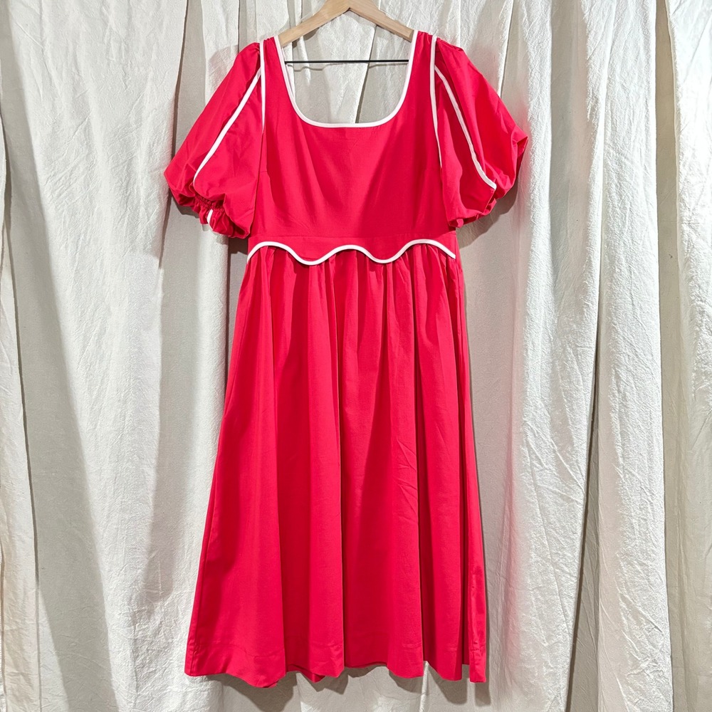 &merci Red Scallop Midi Dress White Piping Puff Sleeve Smocked Back Large NWT